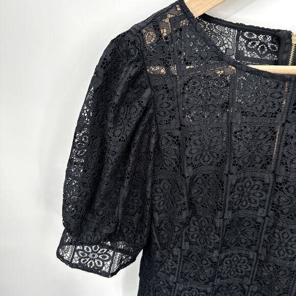 CALVIN KLEIN NWT Black Puff Sleeve Tiered Hem Lace  Dress // 8 - Picture 5 of 14